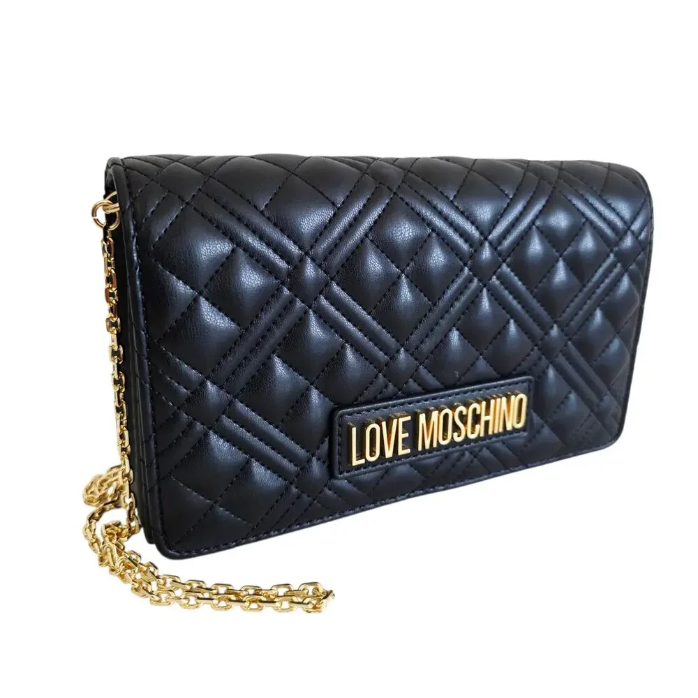 Love Moschino Black & Gold Quilted Faux Leather Clutch Crossbody Bag Chain Strap